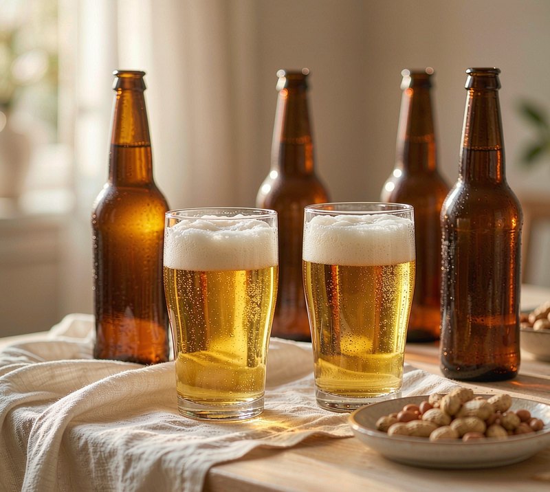 聚会临时补酒：桌上摆着啤酒与杯子零食